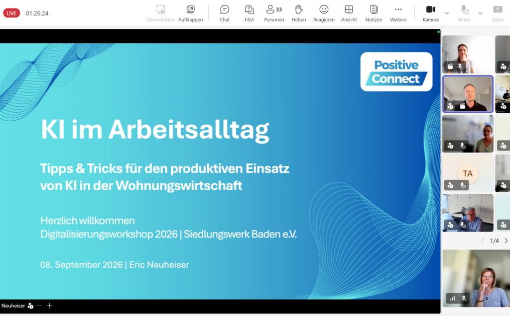 Bildschirmfoto vom digitalen Vortrag KI im Arbeitsalltag